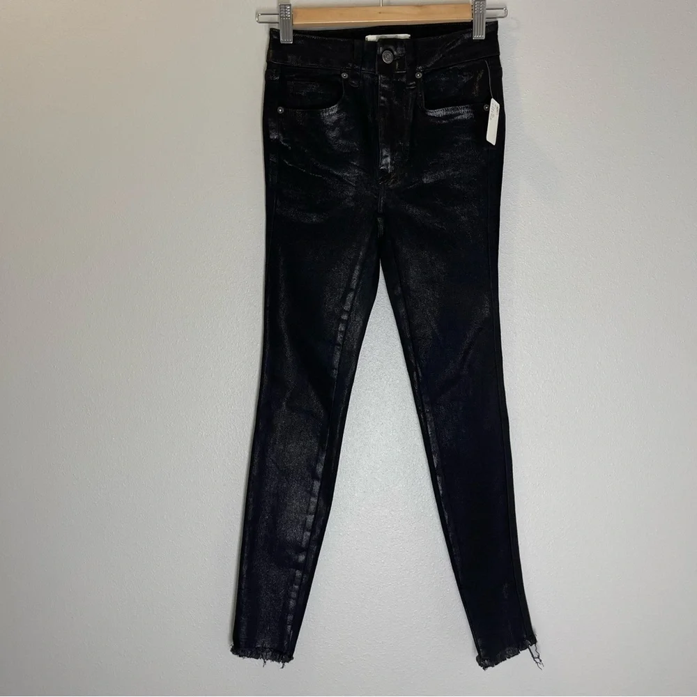 Free People Coated High Waist Jeans Black Raw Frayed Hem Size 24 Women’s NWT